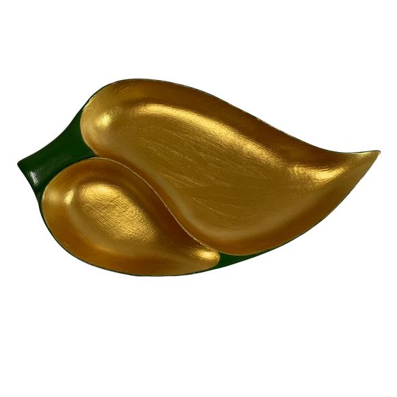 Trinket Dish Wood Low Leaf Bowl 2 Section Green Metallic Gold Monkey Pod Hawaii - Picture 5 of 9